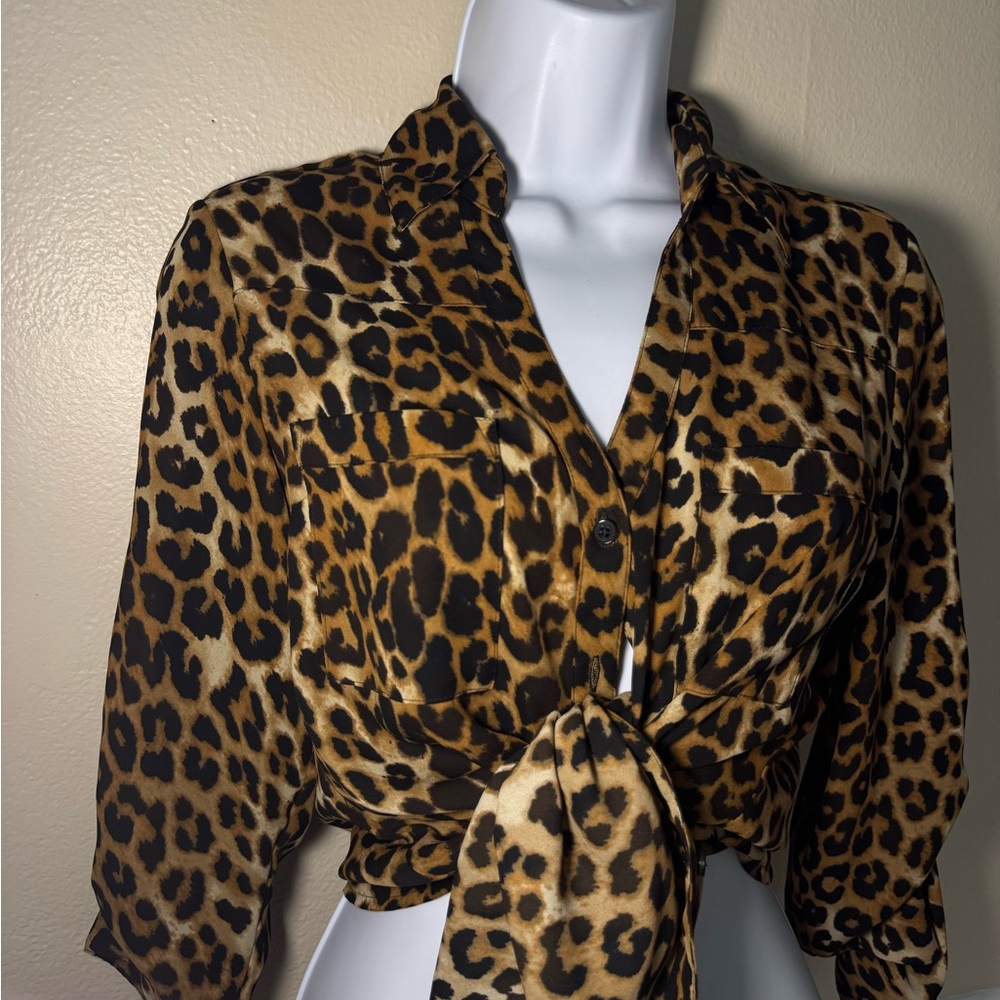Express Brown and Black Tie-Front Cropped Blouse